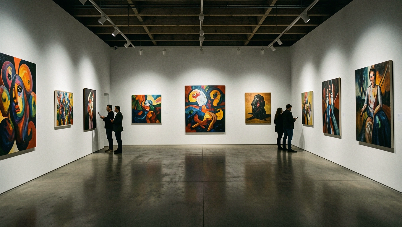 Exposition d'art contemporain avec portraits générés par IA